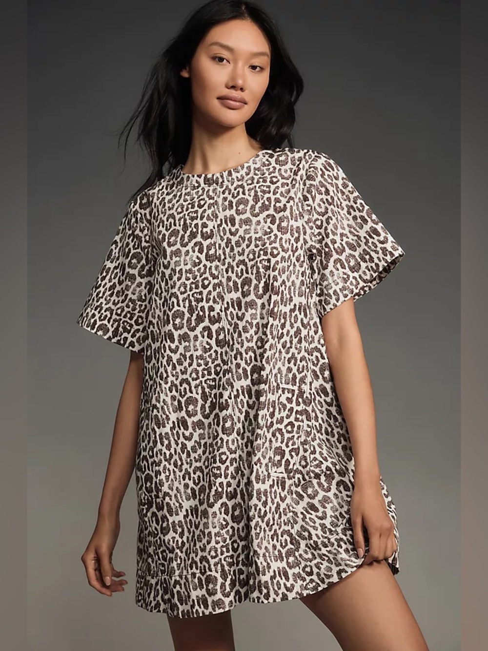 Anthropologie Maeve Emmy Short-Sleeve Swing Leopard Print Mini Dress Size L